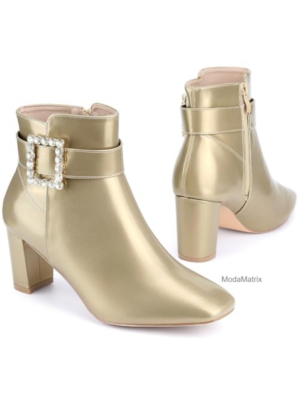 Rhinestone Buckle Square Toe Chunky Heel Ankle Boots Faux Leather